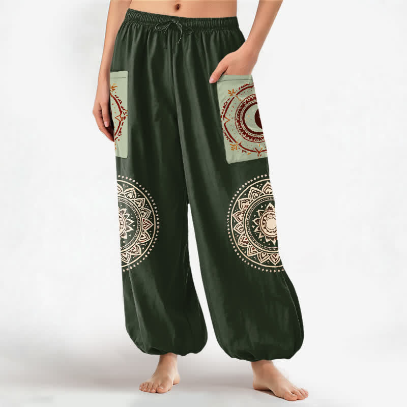 Buddha Stones Pantaloni harem da donna in cotone stile bohémien con motivo mandala a fasi lunari, vita elasticizzata e tasche laterali. - Verde oliva scuro - US16, UK/AU20, EU48 (3XL) - image 7