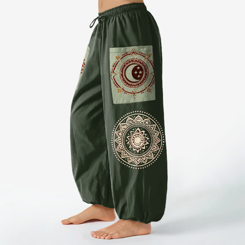 Buddha Stones Pantaloni harem da donna in cotone stile bohémien con motivo mandala a fasi lunari, vita elasticizzata e tasche laterali. - image 8