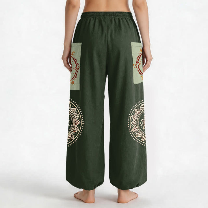 Buddha Stones Pantaloni harem da donna in cotone stile bohémien con motivo mandala a fasi lunari, vita elasticizzata e tasche laterali. - image 9