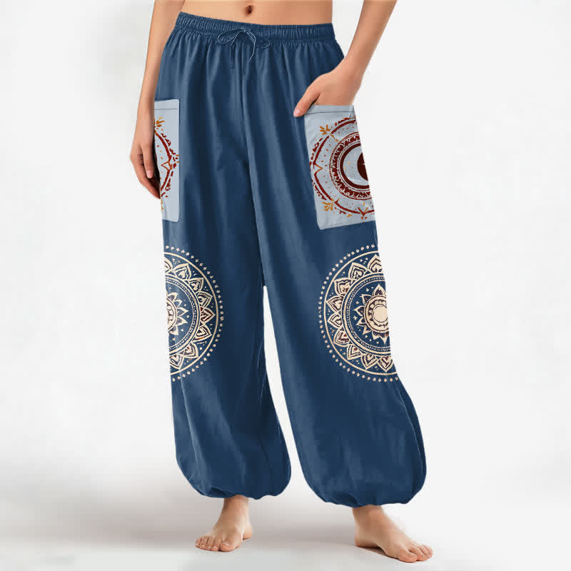 Buddha Stones Pantaloni harem da donna in cotone stile bohémien con motivo mandala a fasi lunari, vita elasticizzata e tasche laterali. - SteelBlue - US16, UK/AU20, EU48 (3XL) - image 10