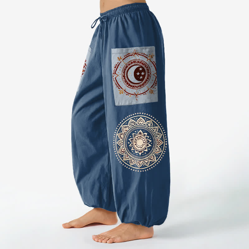 Buddha Stones Pantaloni harem da donna in cotone stile bohémien con motivo mandala a fasi lunari, vita elasticizzata e tasche laterali. - image 11
