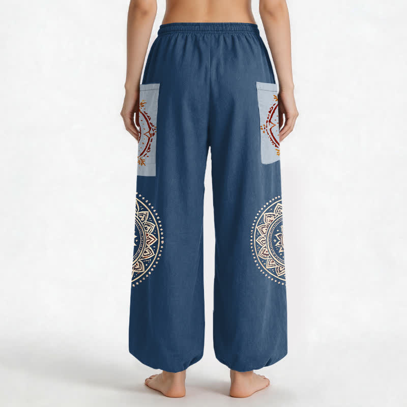 Buddha Stones Pantaloni harem da donna in cotone stile bohémien con motivo mandala a fasi lunari, vita elasticizzata e tasche laterali. - image 12