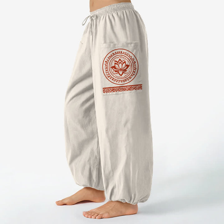 Buddha Stones Pantaloni harem da donna in cotone con motivo mandala di loto e vita elasticizzata, con tasche laterali. - Beige - US16, UK/AU20, EU48 (3XL) - image 0