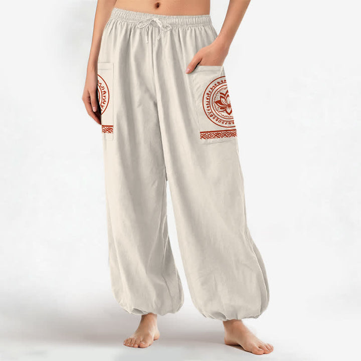 Buddha Stones Pantaloni harem da donna in cotone con motivo mandala di loto e vita elasticizzata, con tasche laterali. - image 1