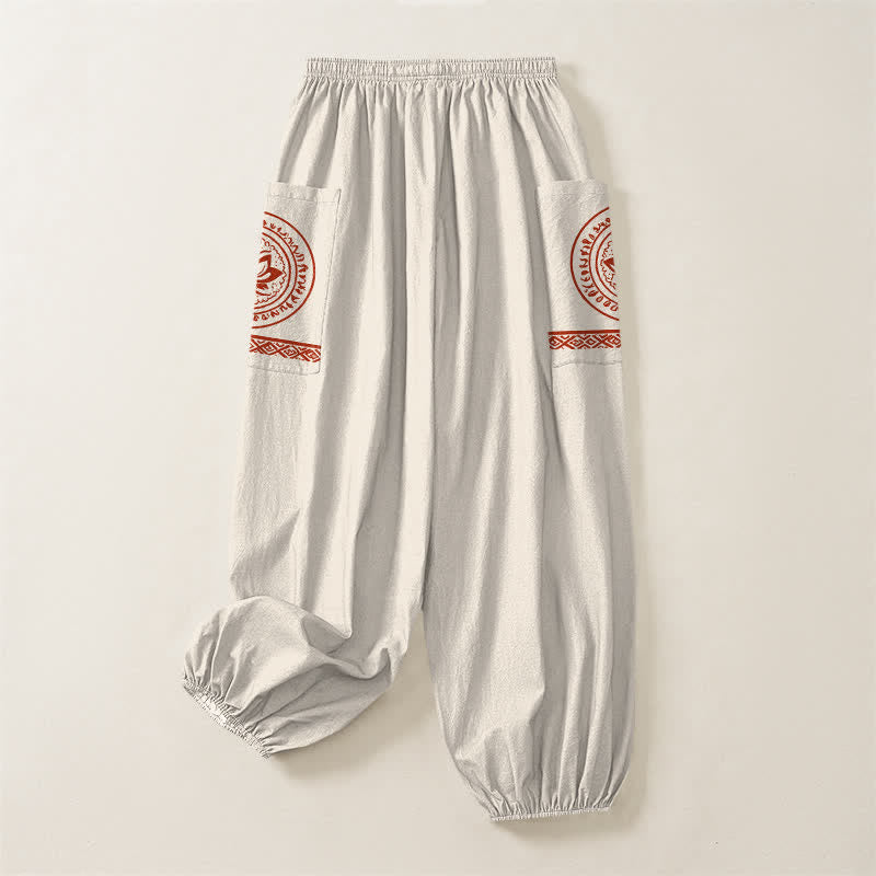 Buddha Stones Pantaloni harem da donna in cotone con motivo mandala di loto e vita elasticizzata, con tasche laterali. - image 4