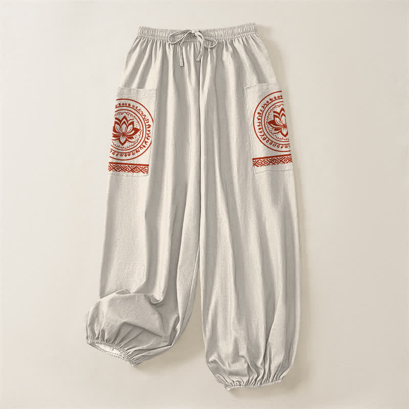 Buddha Stones Pantaloni harem da donna in cotone con motivo mandala di loto e vita elasticizzata, con tasche laterali. - image 3