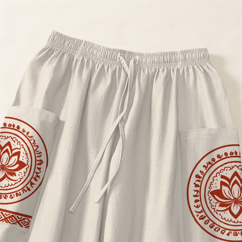 Buddha Stones Pantaloni harem da donna in cotone con motivo mandala di loto e vita elasticizzata, con tasche laterali. - image 5