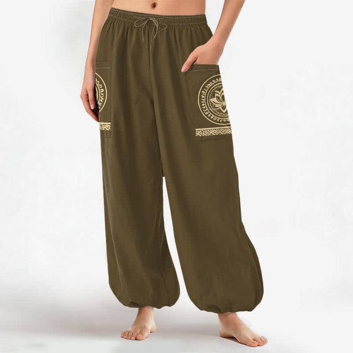 Buddha Stones Pantaloni harem da donna in cotone con motivo mandala di loto e vita elasticizzata, con tasche laterali. - image 8