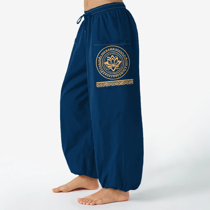 Buddha Stones Pantaloni harem da donna in cotone con motivo mandala di loto e vita elasticizzata, con tasche laterali. - Marina - US16, UK/AU20, EU48 (3XL) - image 10