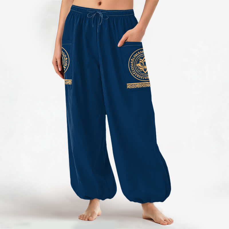 Buddha Stones Pantaloni harem da donna in cotone con motivo mandala di loto e vita elasticizzata, con tasche laterali. - image 11