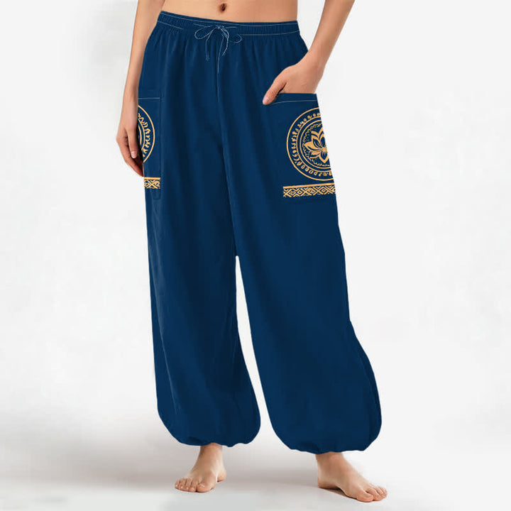 Buddha Stones Pantaloni harem da donna in cotone con motivo mandala di loto e vita elasticizzata, con tasche laterali. - image 11