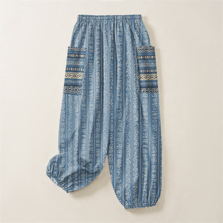 Buddha Stones Pantaloni harem da donna in cotone con elastico in vita e tasche laterali, fantasia a righe geometriche etniche. - image 4