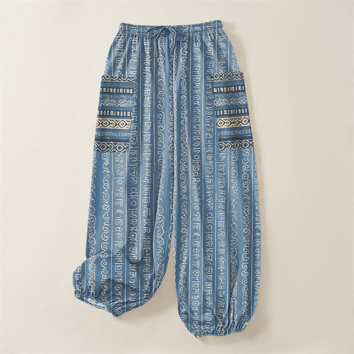 Buddha Stones Pantaloni harem da donna in cotone con elastico in vita e tasche laterali, fantasia a righe geometriche etniche. - image 3