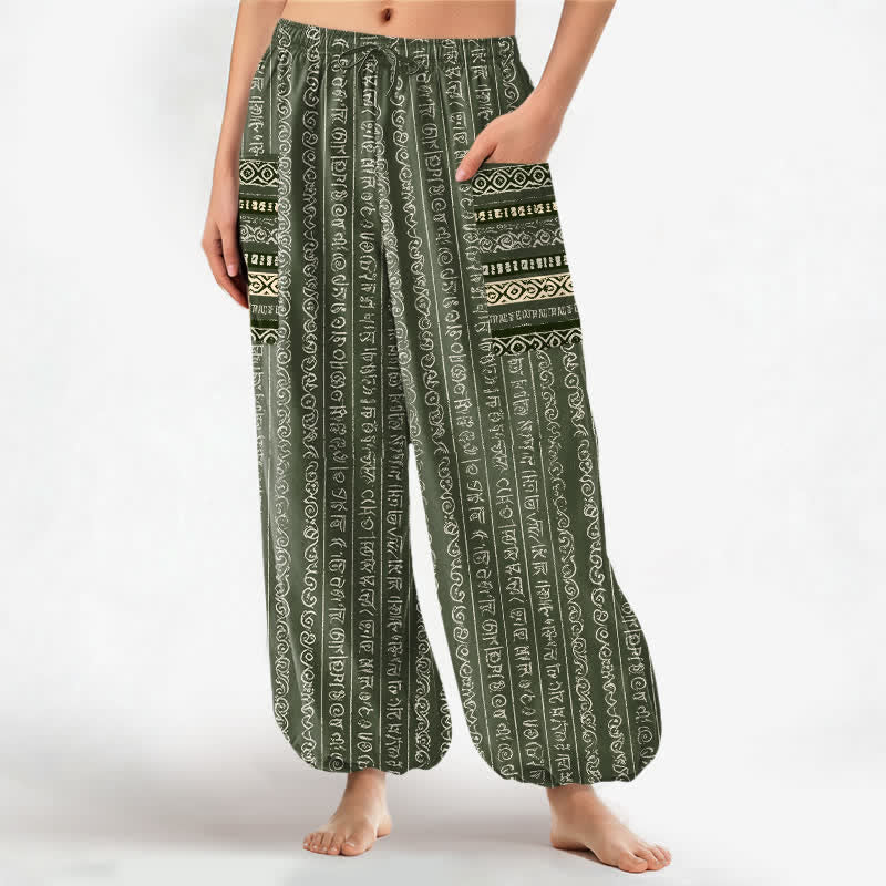Buddha Stones Pantaloni harem da donna in cotone con elastico in vita e tasche laterali, fantasia a righe geometriche etniche. - Verde oliva - US16, UK/AU20, EU48 (3XL) - image 7