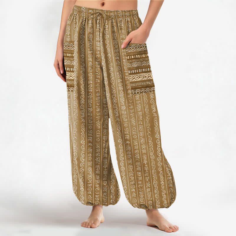 Buddha Stones Pantaloni harem da donna in cotone con elastico in vita e tasche laterali, fantasia a righe geometriche etniche. - Verga d'oro scura - US16, UK/AU20, EU48 (3XL) - image 10