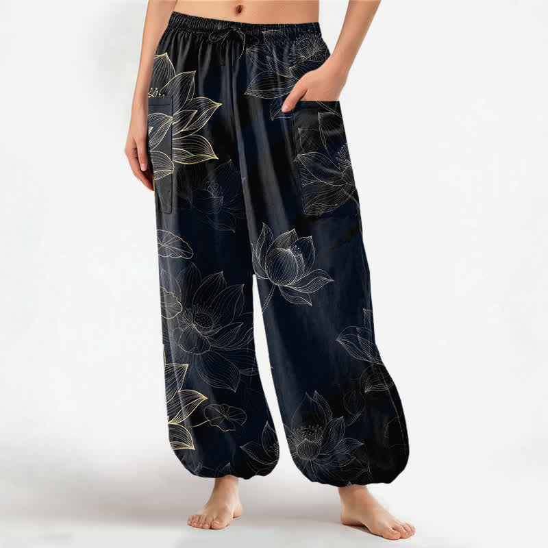 Buddha Stones Pantaloni harem da donna in cotone con elastico in vita e motivo floreale a loto, con tasche laterali. - Nero - US16, UK/AU20, EU48 (3XL) - image 0