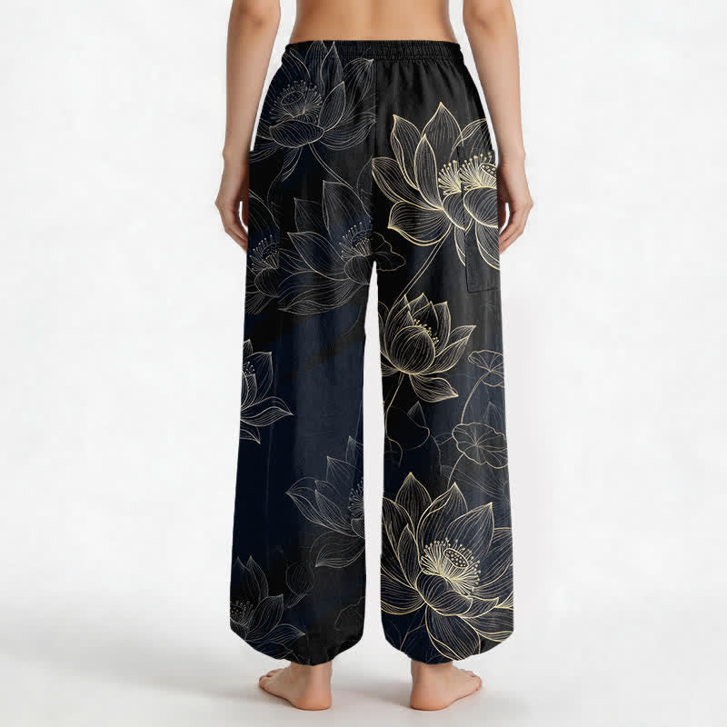 Buddha Stones Pantaloni harem da donna in cotone con elastico in vita e motivo floreale a loto, con tasche laterali. - image 2