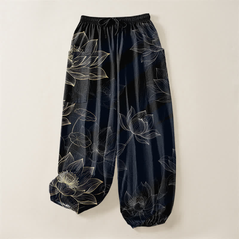 Buddha Stones Pantaloni harem da donna in cotone con elastico in vita e motivo floreale a loto, con tasche laterali. - image 3