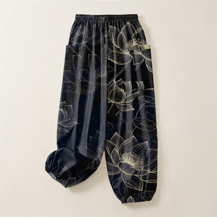 Buddha Stones Pantaloni harem da donna in cotone con elastico in vita e motivo floreale a loto, con tasche laterali. - image 4
