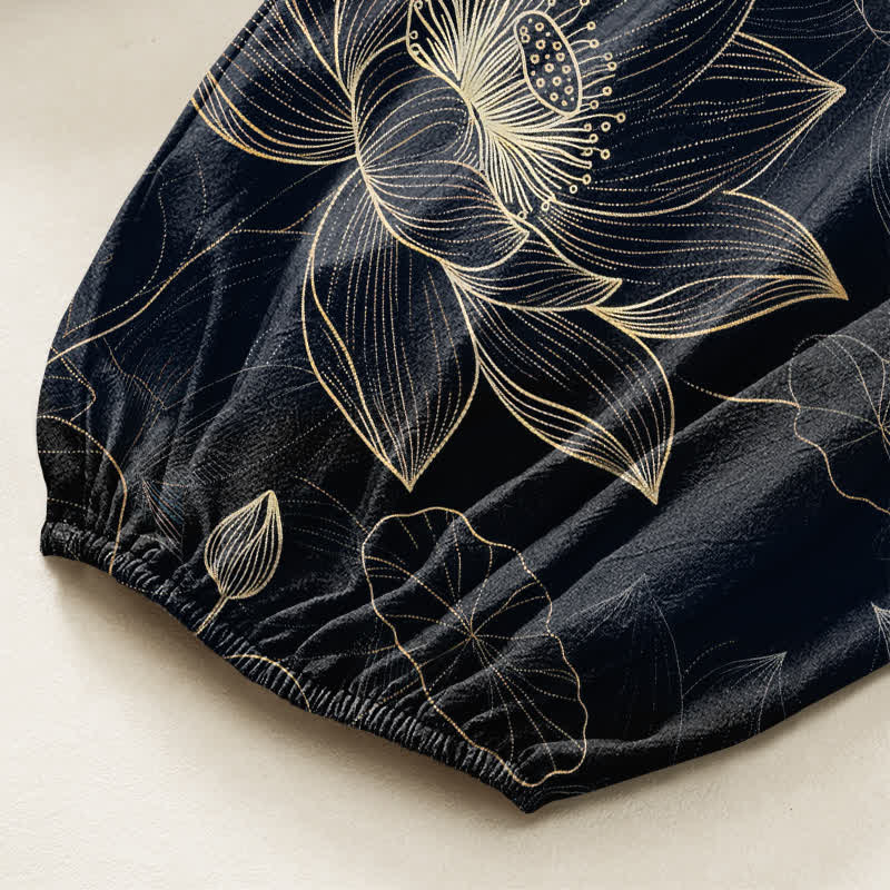 Buddha Stones Pantaloni harem da donna in cotone con elastico in vita e motivo floreale a loto, con tasche laterali. - image 6