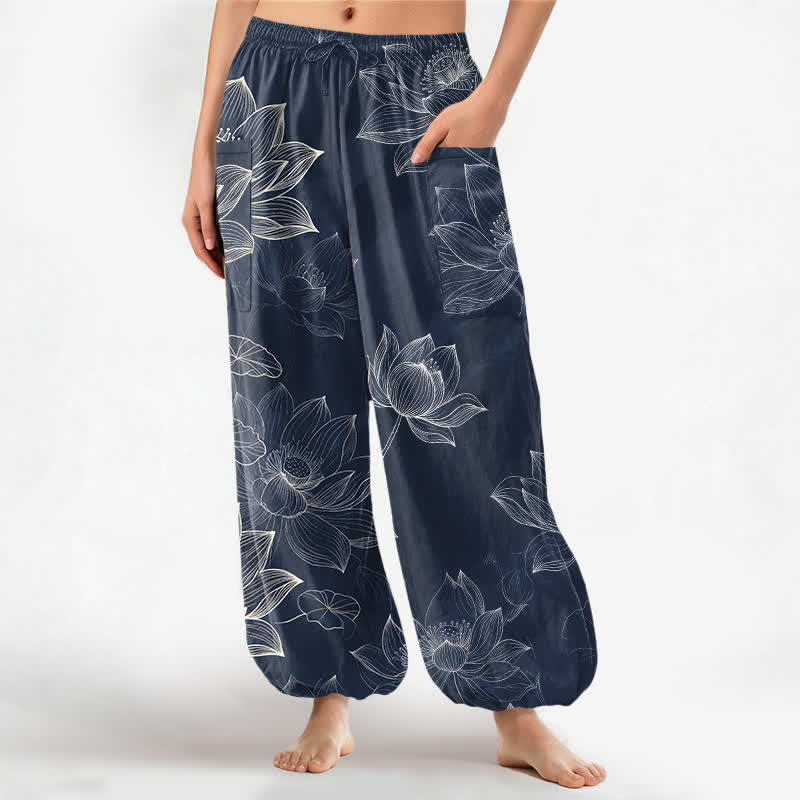 Buddha Stones Pantaloni harem da donna in cotone con elastico in vita e motivo floreale a loto, con tasche laterali. - SteelBlue - US16, UK/AU20, EU48 (3XL) - image 7