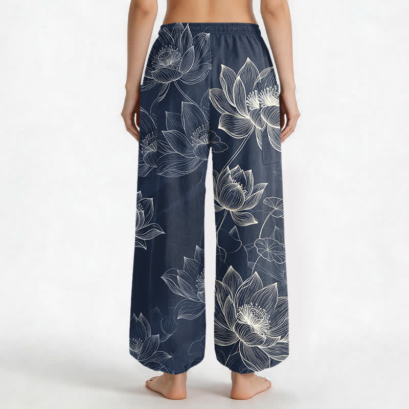 Buddha Stones Pantaloni harem da donna in cotone con elastico in vita e motivo floreale a loto, con tasche laterali. - image 9