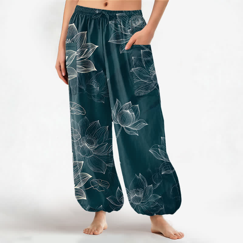 Buddha Stones Pantaloni harem da donna in cotone con elastico in vita e motivo floreale a loto, con tasche laterali. - Verde acqua - US16, UK/AU20, EU48 (3XL) - image 10