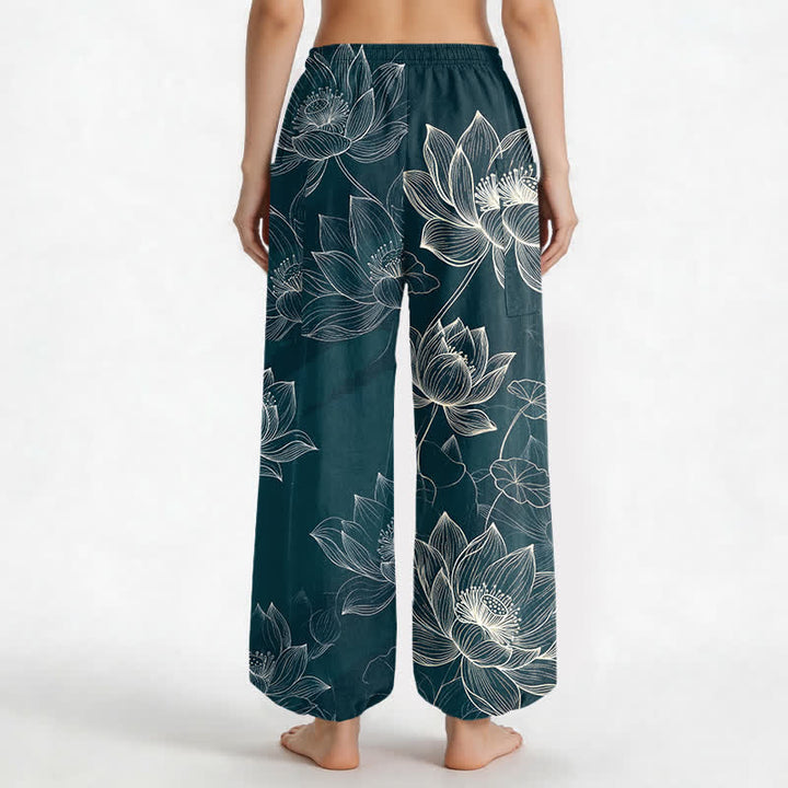 Buddha Stones Pantaloni harem da donna in cotone con elastico in vita e motivo floreale a loto, con tasche laterali. - image 12