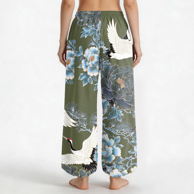 Buddha Stones Pantaloni harem da donna in cotone con motivo a gru e peonia orientali, vita elasticizzata e tasche laterali. - image 9