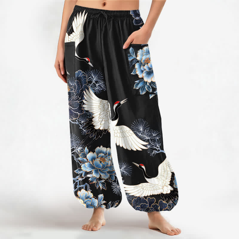 Buddha Stones Pantaloni harem da donna in cotone con motivo a gru e peonia orientali, vita elasticizzata e tasche laterali. - Nero - US16, UK/AU20, EU48 (3XL) - image 10