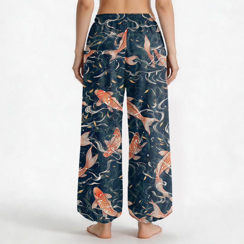 Buddha Stones Pantaloni harem da donna in cotone con motivo a onde di koi orientali e vita elasticizzata, con tasche laterali. - image 2