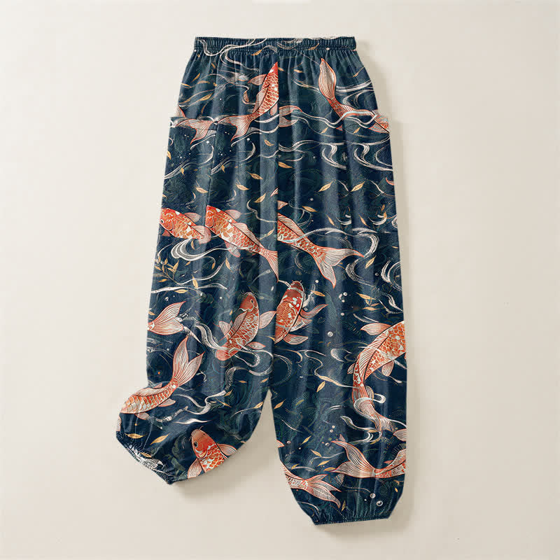 Buddha Stones Pantaloni harem da donna in cotone con motivo a onde di koi orientali e vita elasticizzata, con tasche laterali. - image 3