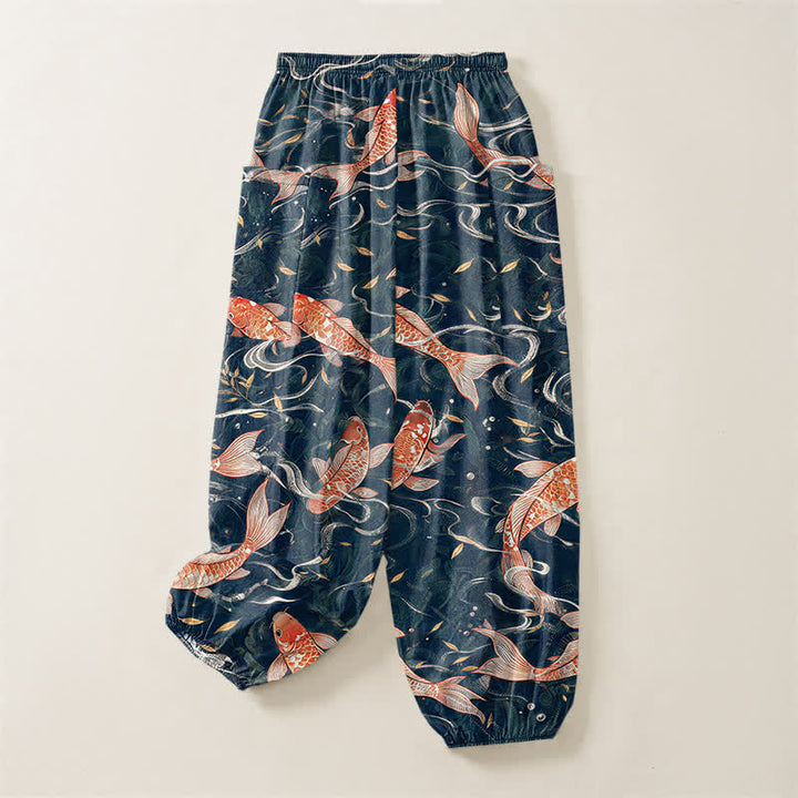 Buddha Stones Pantaloni harem da donna in cotone con motivo a onde di koi orientali e vita elasticizzata, con tasche laterali. - image 3