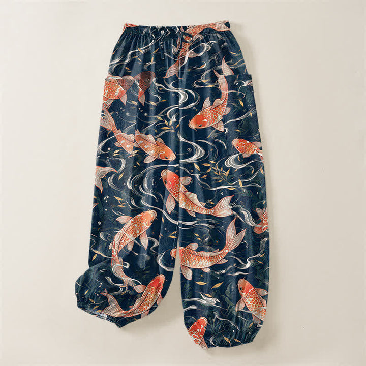 Buddha Stones Pantaloni harem da donna in cotone con motivo a onde di koi orientali e vita elasticizzata, con tasche laterali. - image 4