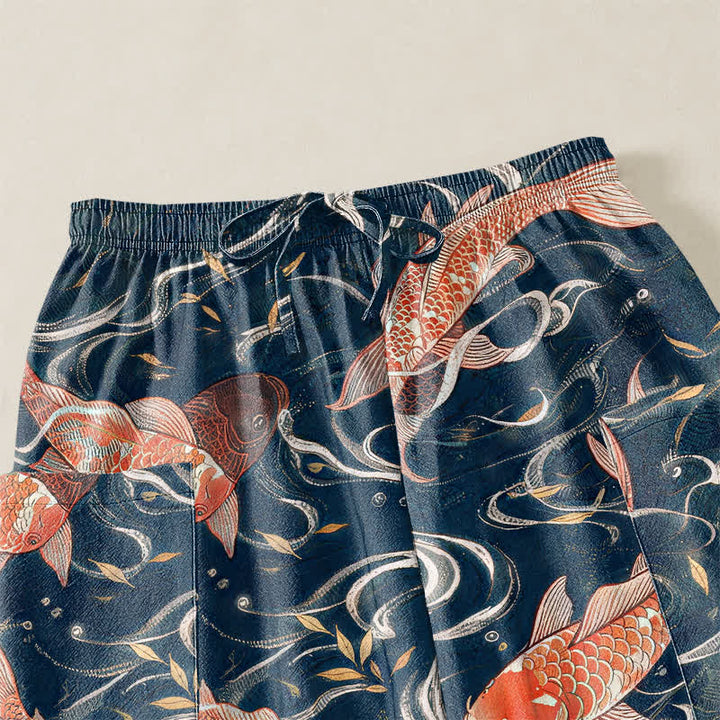 Buddha Stones Pantaloni harem da donna in cotone con motivo a onde di koi orientali e vita elasticizzata, con tasche laterali. - image 5