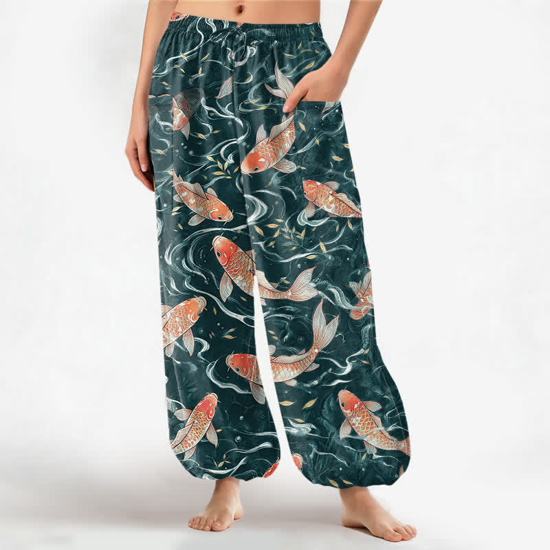 Buddha Stones Pantaloni harem da donna in cotone con motivo a onde di koi orientali e vita elasticizzata, con tasche laterali. - Ciano scuro - US16, UK/AU20, EU48 (3XL) - image 7