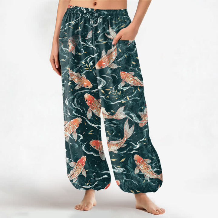 Buddha Stones Pantaloni harem da donna in cotone con motivo a onde di koi orientali e vita elasticizzata, con tasche laterali. - Ciano scuro - US16, UK/AU20, EU48 (3XL) - image 7