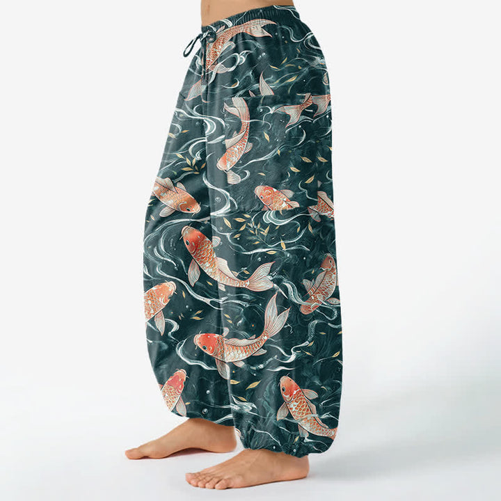 Buddha Stones Pantaloni harem da donna in cotone con motivo a onde di koi orientali e vita elasticizzata, con tasche laterali. - image 8