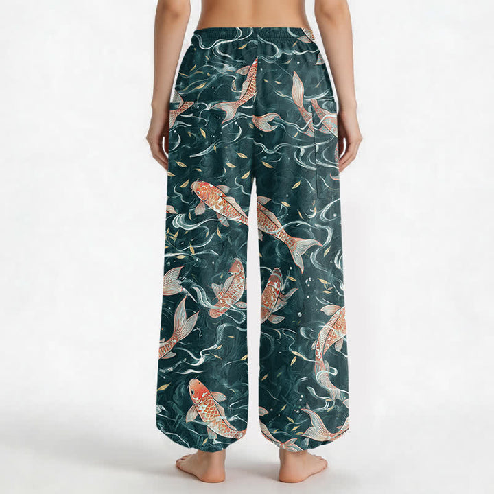 Buddha Stones Pantaloni harem da donna in cotone con motivo a onde di koi orientali e vita elasticizzata, con tasche laterali. - image 9