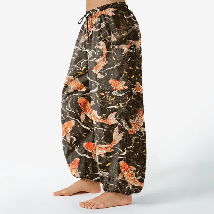 Buddha Stones Pantaloni harem da donna in cotone con motivo a onde di koi orientali e vita elasticizzata, con tasche laterali. - image 11