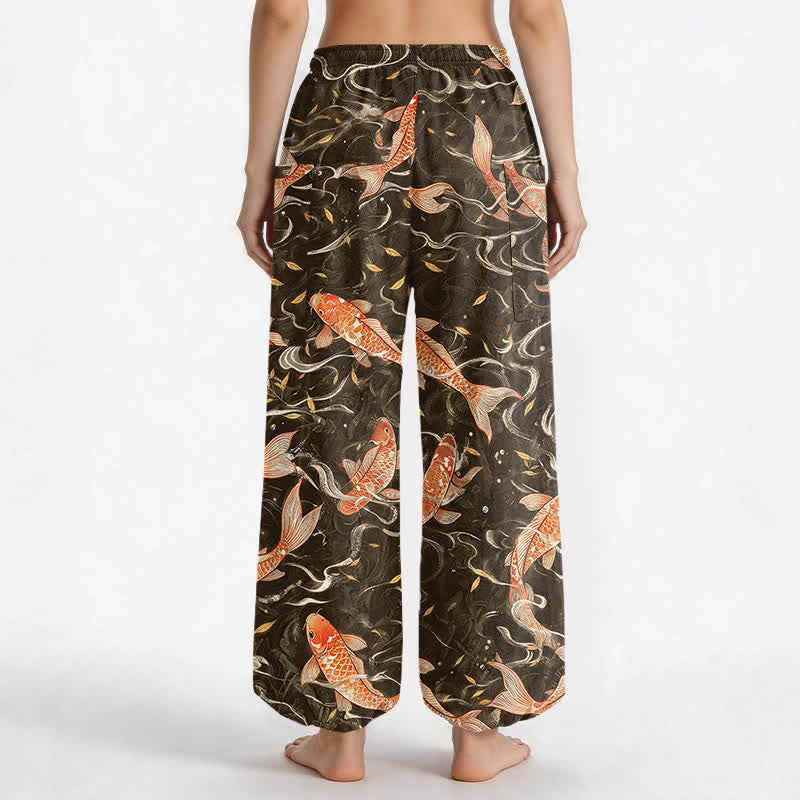 Buddha Stones Pantaloni harem da donna in cotone con motivo a onde di koi orientali e vita elasticizzata, con tasche laterali. - image 12
