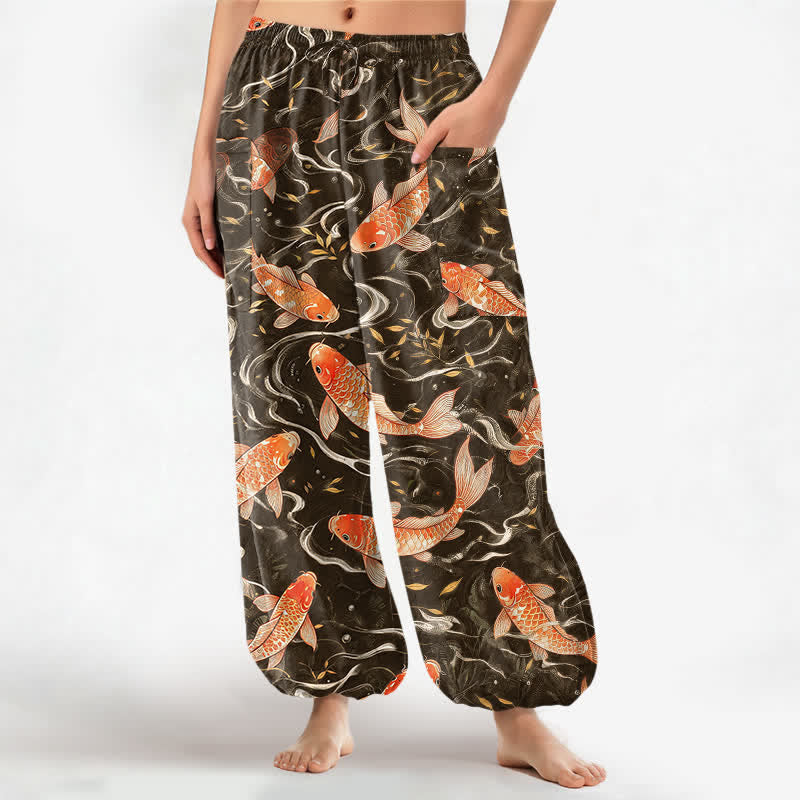 Buddha Stones Pantaloni harem da donna in cotone con motivo a onde di koi orientali e vita elasticizzata, con tasche laterali. - Perù - US16, UK/AU20, EU48 (3XL) - image 10