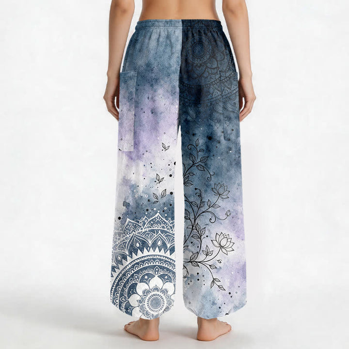 Buddha Stones Pantaloni harem da donna in cotone con stampa mandala sfumata effetto acquerello e motivo loto, vita elasticizzata e tasche laterali. - image 2