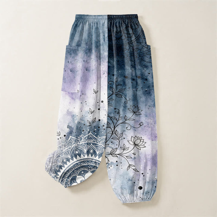 Buddha Stones Pantaloni harem da donna in cotone con stampa mandala sfumata effetto acquerello e motivo loto, vita elasticizzata e tasche laterali. - image 4