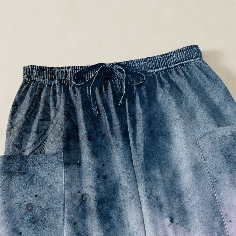 Buddha Stones Pantaloni harem da donna in cotone con stampa mandala sfumata effetto acquerello e motivo loto, vita elasticizzata e tasche laterali. - image 5