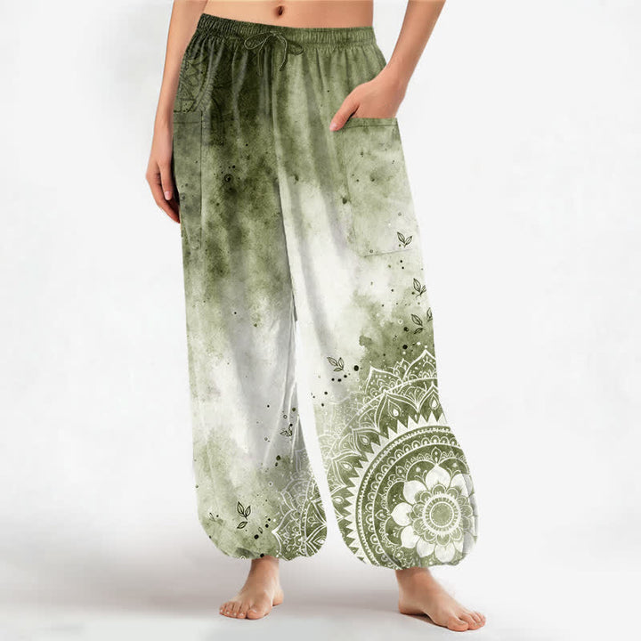 Buddha Stones Pantaloni harem da donna in cotone con stampa mandala sfumata effetto acquerello e motivo loto, vita elasticizzata e tasche laterali. - GialloVerde - US16, UK/AU20, EU48 (3XL) - image 7