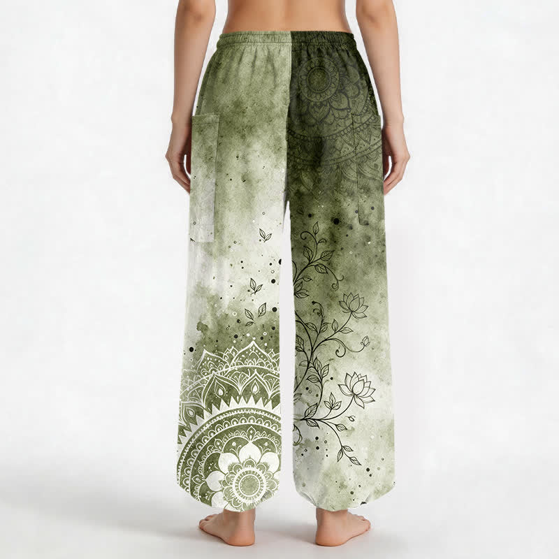 Buddha Stones Pantaloni harem da donna in cotone con stampa mandala sfumata effetto acquerello e motivo loto, vita elasticizzata e tasche laterali. - image 9