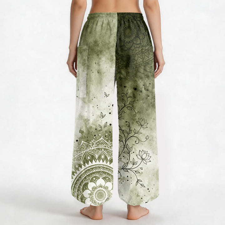 Buddha Stones Pantaloni harem da donna in cotone con stampa mandala sfumata effetto acquerello e motivo loto, vita elasticizzata e tasche laterali. - image 9