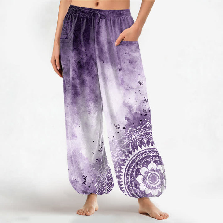 Buddha Stones Pantaloni harem da donna in cotone con stampa mandala sfumata effetto acquerello e motivo loto, vita elasticizzata e tasche laterali. - Orchidea scura - US16, UK/AU20, EU48 (3XL) - image 10