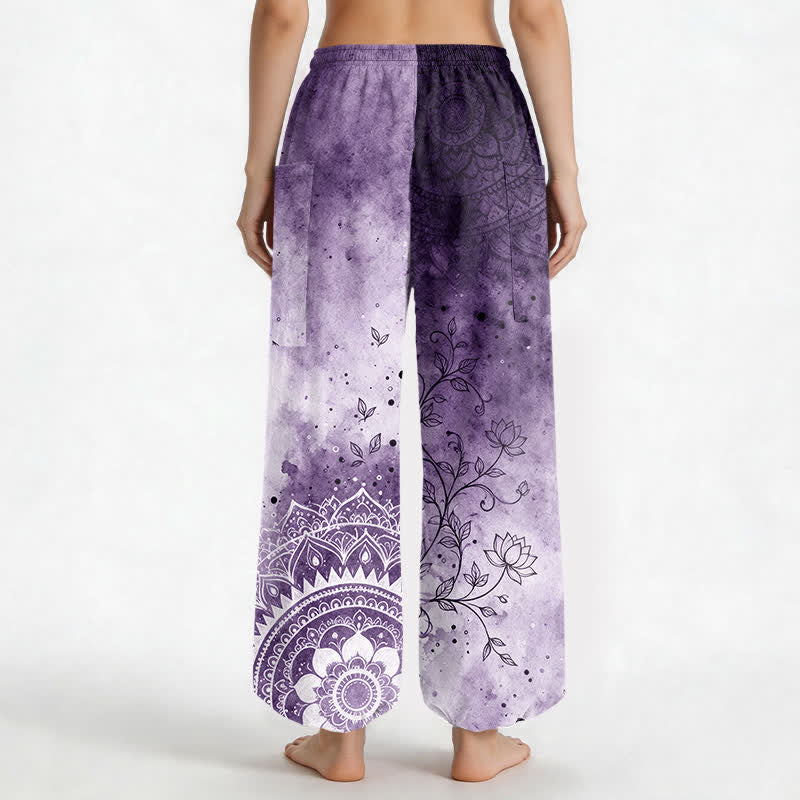 Buddha Stones Pantaloni harem da donna in cotone con stampa mandala sfumata effetto acquerello e motivo loto, vita elasticizzata e tasche laterali. - image 12
